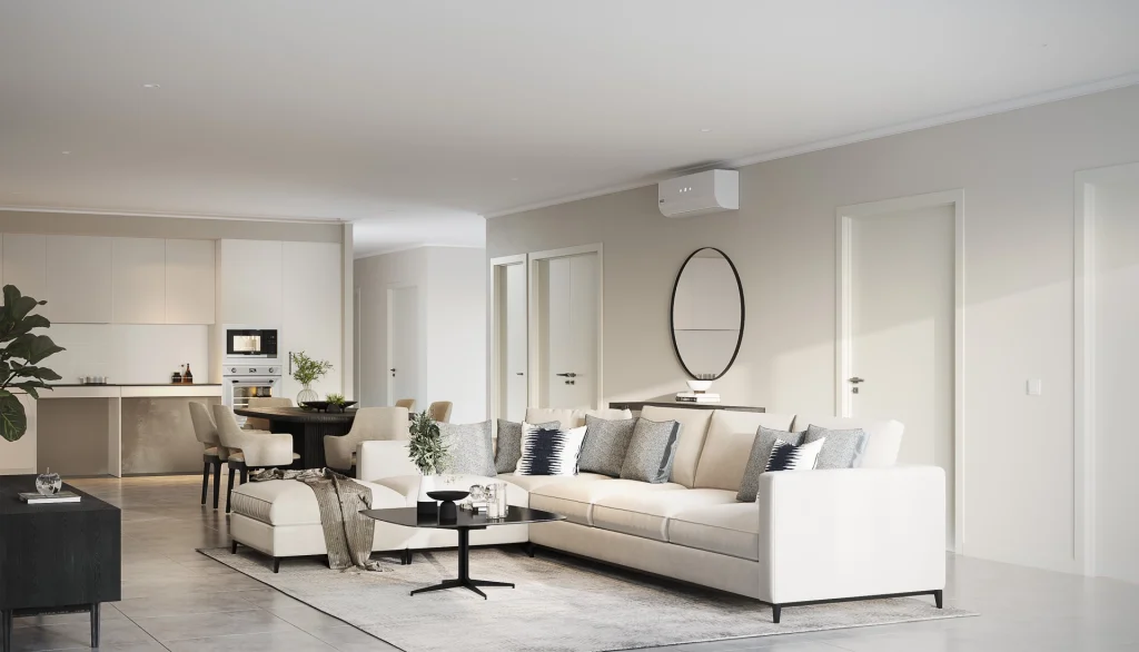 modern interior picture of dining, kitchen and lounge area